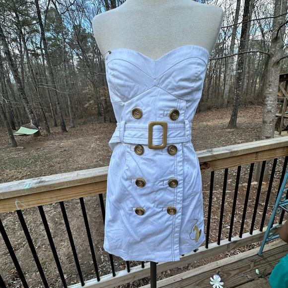 Vintage Y2K White and Gold Baby Phat Strapless Belted Buttoned Minidress Sz S - Picture 2 of 13